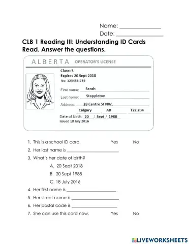 CLB 1 Reading: ID Card