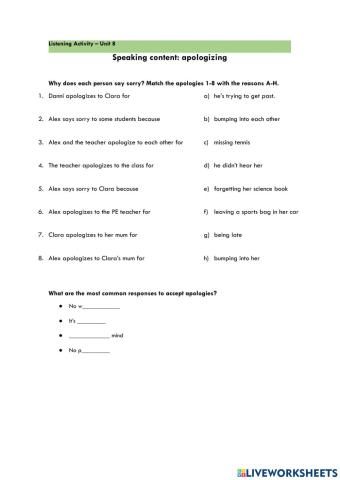 Listening activity for 3º ESO - Apologizing