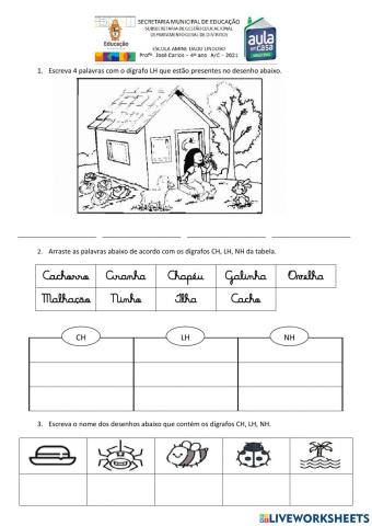 Atividade com dígrafos CH - LH - NH