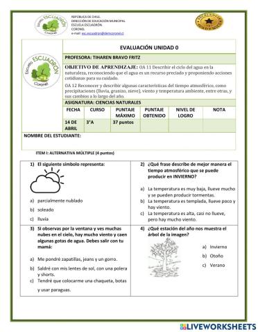 Evaluación unidad 0 Ciencias Naturales