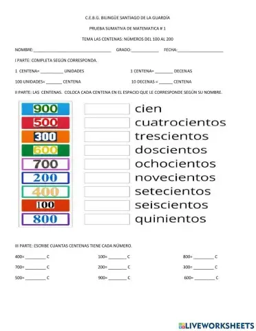 Las centenas y  números del 100 al 200