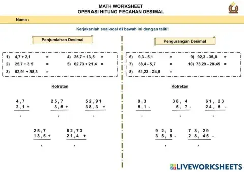 Penjumlahan dan Pengurangan Desimal