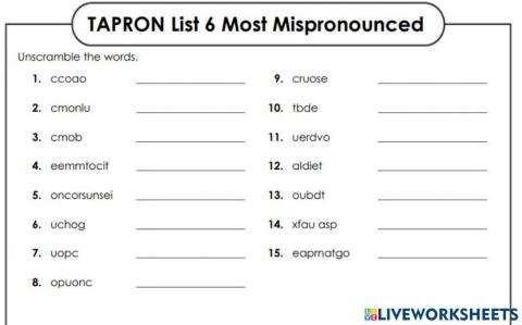 TAPRON List 6 Most Mispronounced Words