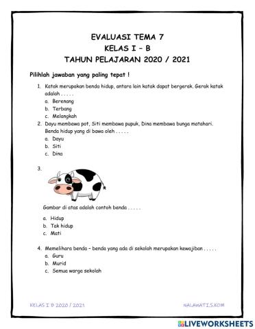 Evaluasi tema 7 Kelas I - B