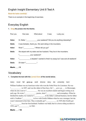 Insight English Elementary Unit 8.A Test