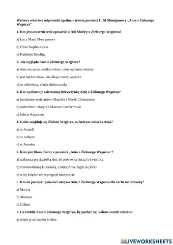 Test wyboru Ania z Zielonego Wzgórza