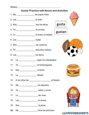 Spanish Gustar Practice with nouns and activities