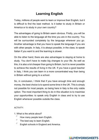 Reading Comprehension - Intermediate 1