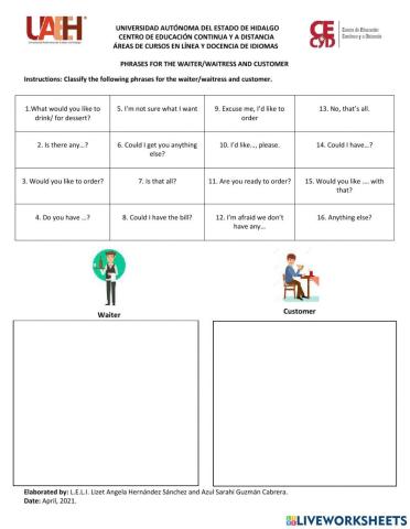 Phrases for the waiter-waitress and customer