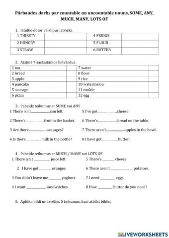 Pārbaudes darbs par C-U nouns, SOME-ANY, MUCH-MANY-LOTS OF