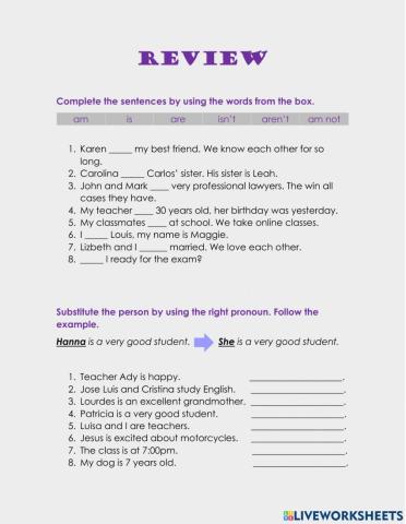 Review A1 Pronouns, verb be and possessive adjectives