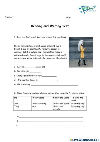 Reading and writing test about  Clothes and weather
