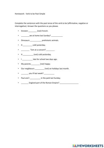 Exercises with Verb to be - Past Tense