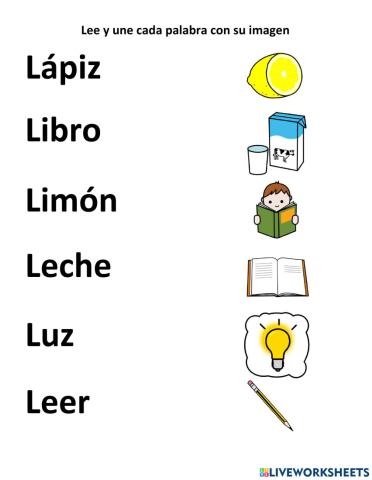 Unir palabras con pictogramas. Letra L