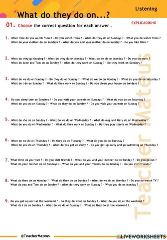 PRESENT SIMPLE - What do you do on ..? - Days of the week