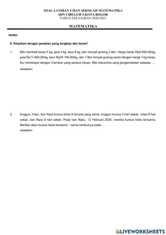 Latihan Sola Ujian Sekolah Matematika 3