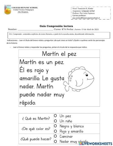 Compresión lectora Martín el pez