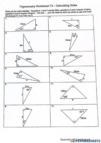 Trig Worksheet: Calculating Sides
