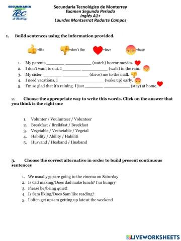Examen de Recuperación Periodo II Inglés A1+!