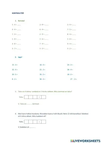 Korrutamine ja jagamine arvudega 2 kuni 5, 2. klass