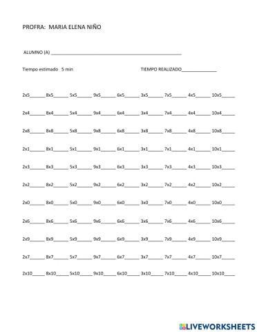 Práctica de tablas de multiplicar del 0 al 10