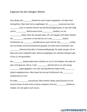 Wortschatz zum Thema Hotel