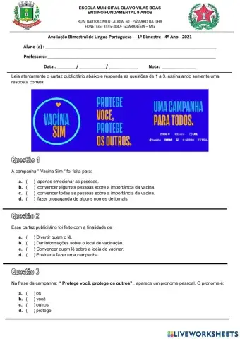 Avaliação Bimestral de Língua Portuguesa