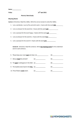 Rhyming words homework