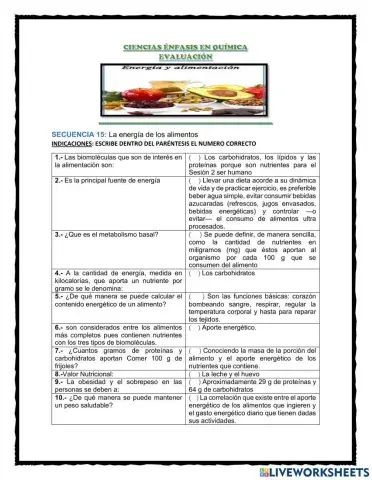 SECUENCIA 15: La energía de los alimentos