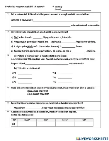 Gyakorlás magyar nyelvből-A névmás