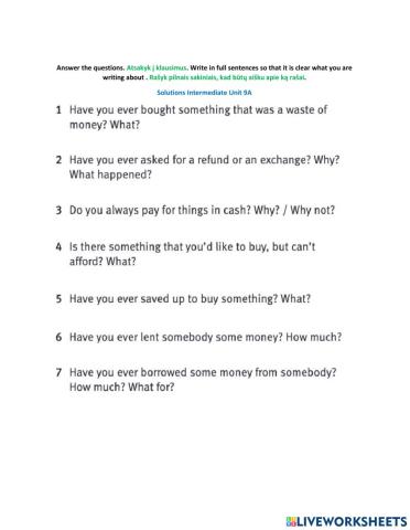 Money and Payment 9A Solutions Intermediate 7 questions