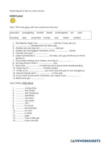 World quest 2 test on units 5 and 6