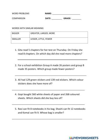 Comparison word problems