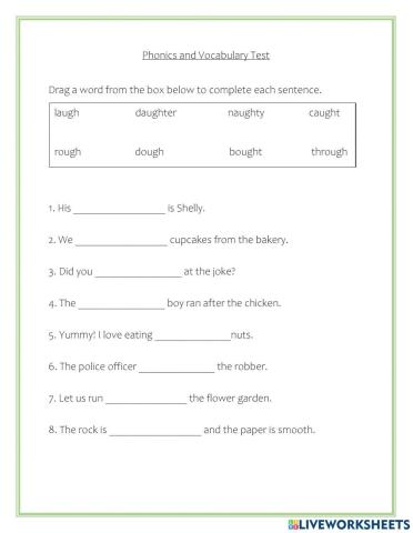Phonics and Vocabulary April 16th Test