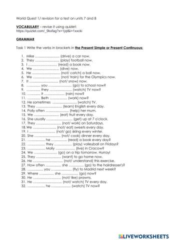 World quest 1 revision for a test on units 7 and 8