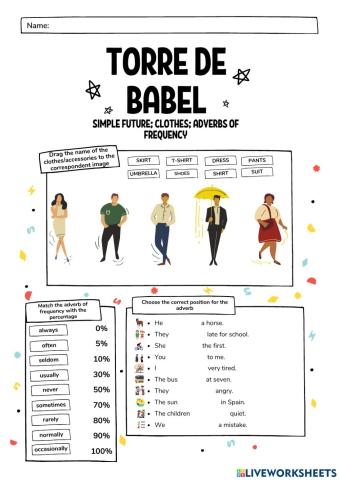 Torre de Babel - Simple future- clothes- adverbs of frequency