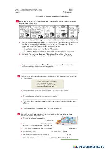 Atividade avaliativa 3 ano Port