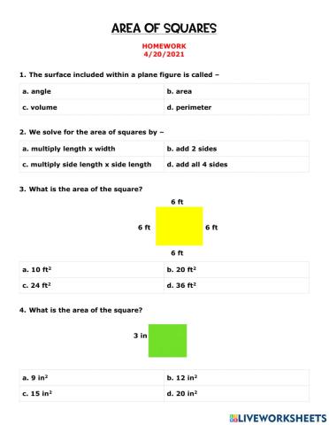 Area of Squares Homework
