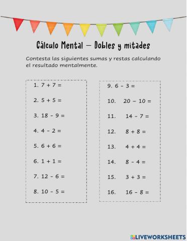 Calculo mental suma y resta - Dobles y mitades