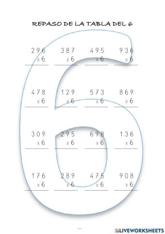 Multiplicaciones con llevadas tabla del 6