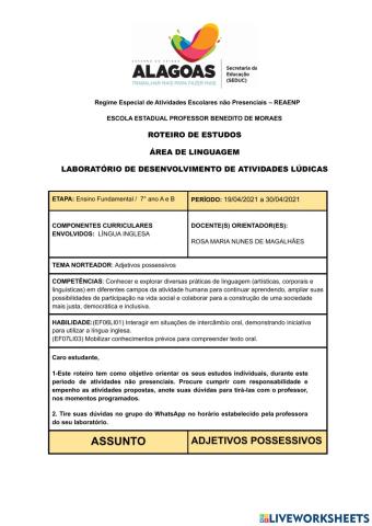 7° série -Roteiro de Inglês- 19-04 a 30-04