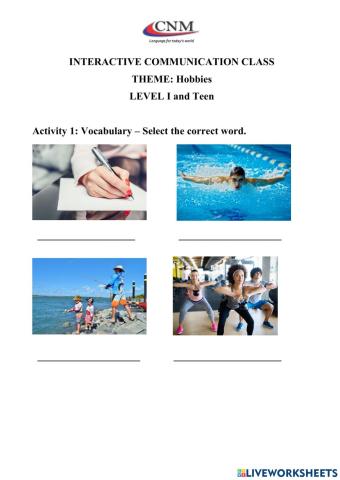 Communicative Activity - Hobbies - Vocab - Adults Level I and Teen