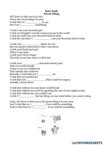 Song Worksheet -The Nicest Thing- by Kate Nash (to practice I wish)