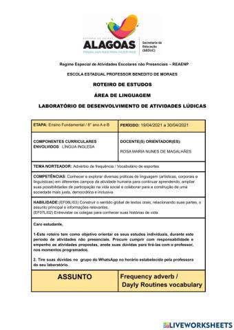 8° série -Roteiro de Inglês- 19-04 a 30-04
