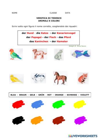 Animali e colori - verifica -Tiere und Farben