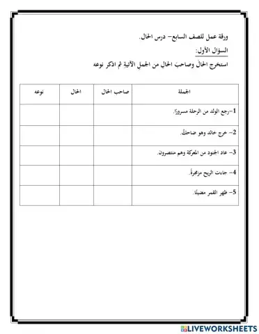 ورقة عمل عن الحال