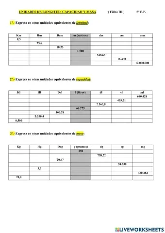 UNIDADES DE LONGITUD, CAPACIDAD Y MASA ficha III