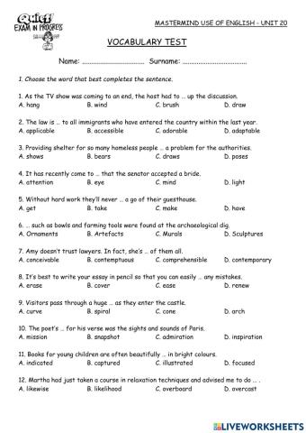 Mastermind Unit 20 Vocabulary Test