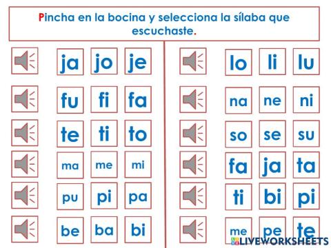 Discriminación auditiva de sílabas con (F, J, T, M, P, B, D, L, N,S)
