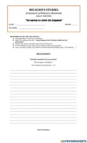JPR Writing Worksheet-Grade 9